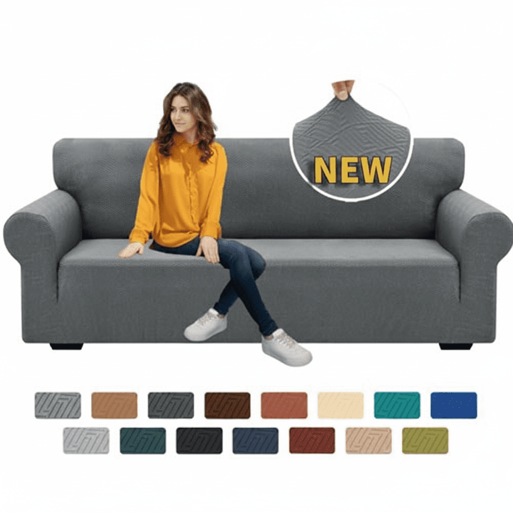 1-Piece Stretch Sofa Cover for 3-Cushion Couch (79-91 Inches), Pet Friendly Washable Furniture Protector with Elastic Bottom, Soft Light Gray Slipcover for Living Room
