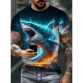 thumbnail image 1 of 1 Piece Summer Casual Crew Neck T-Shirt - Polyester Knit Fabric Regular Fit, Animal Pattern, Suitable for Adults' Weekend Casual Wear - Shocking Shark and Ocean Flame Design, 1 of 5