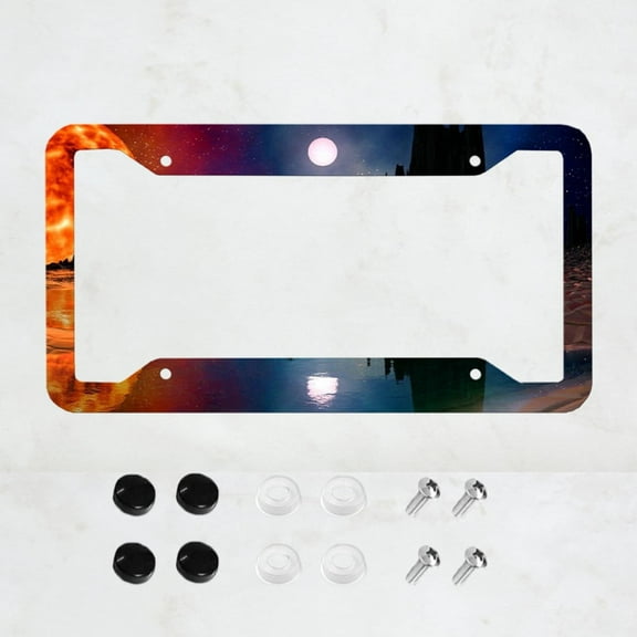 1 Piece, Sun Moonlight License Plate Frame, Night View License Plate Frame, Front And Rear License Plate, 4-Hole General Purpose License Plate Accessories,Us Canada License Plate, 12x6 Inch