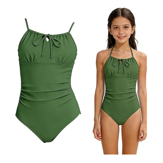 1 Piece Swimsuit Girls Halter Swimming Suits Quick Dry Swimwear Ruched Bathing Suits for Tween 11-12 Years