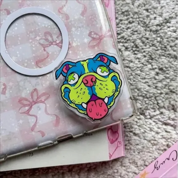 1 Piece Trippy Neon Zombie Dog Magnetic Phone Grip, Psychedelic Multi-Color Bulldog Phone Grip, Vibrant X-Eye Mutant Puppy Phone Stand, Y2K Streetwear Edgy Tech Accessory, Creepy Cute Gift for A
