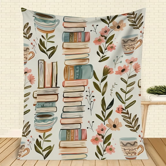 1 Piece Ultra Soft Canvas Blanket with Vivid Book and Floral Design - All-Season Cozy Blanket Modern Style Soft Texture