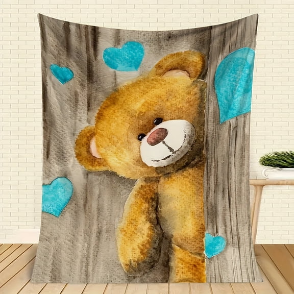 1 Piece Ultra-Soft Flannel Blanket with Adorable Brown Teddy Bear and Blue Heart - Cozy and Warm All-Season Blanket