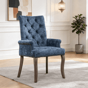 1-Piece Upholstered Chenille Fabric Dining Chair, High-Back Tufted Arm Chair with Rolled Top & Nailhead Trim, Curved Solid Wood Legs, Elegant Light American Style for Kitchen Dining Room