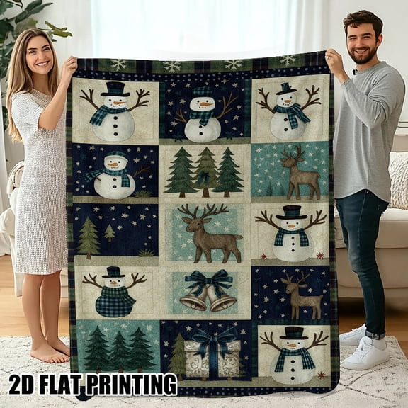 1 Piece Vintage Christmas Snowman Elk Patchwork Flannel Throw Blanket - Soft and Cozy Bedspread
