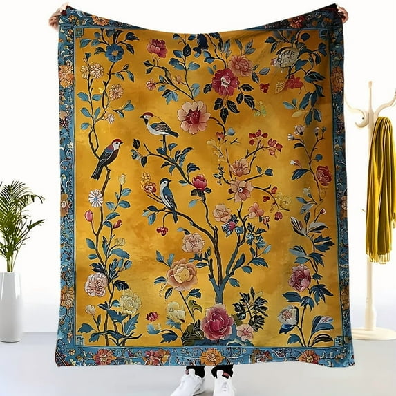 1 Piece Vintage Floral and Bird Pattern Plush Blanket - Soft Flannel for All Seasons, Machine Washable Comfortable Home Decor Gift, Exquisite Design