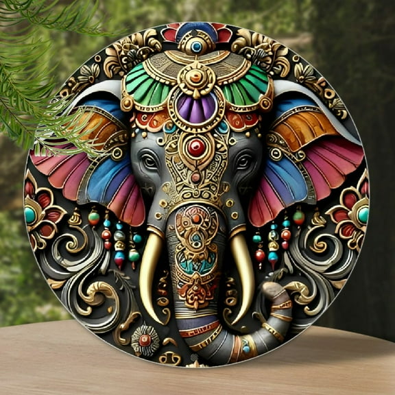 1 Piece Vintage Indian Elephant Metal Round Sign - Unique Wall Hanging Decor for Living Room, Home, Garden, Patio, Bar - Indoor Decorative Art, 2D Printed Wall Plaque