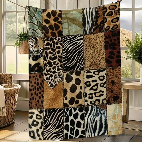 1 Piece Vintage Wild Jungle Patchwork Flannel Blanket - Soft, Lightweight, African Safari Design with Giraffe and Zebra