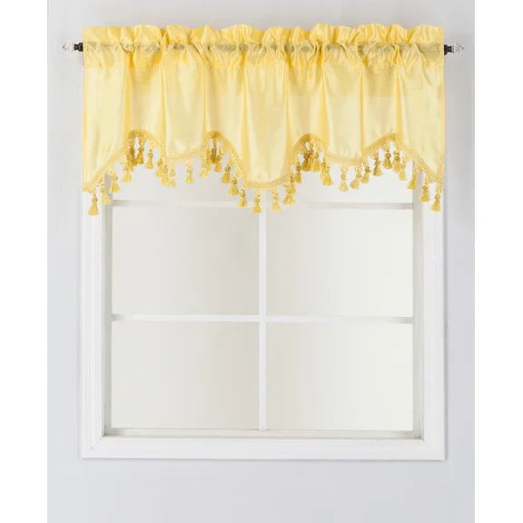 1-Piece Wave Valance with Bead-Trim Tassels, Semi-Sheer Light-Filtering, Rod Pocket, Tailored for Kitchen and Living Room Décor Canari Yellow Color, 52" Wide x 18" Length."