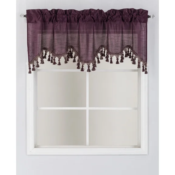 1-Piece Wave Valance with Bead-Trim Tassels, Semi-Sheer Light-Filtering, Rod Pocket, Tailored for Kitchen and Living Room Décor Egg Plant Plum Color, 52" Wide x 18" Length."