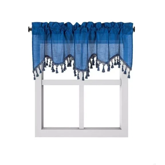 1-Piece Wave Valance with Bead-Trim Tassels, Semi-Sheer Light-Filtering, Rod Pocket, Tailored for Kitchen and Living Room Décor Indigo Blue Color, 52" Wide x 18" Length."