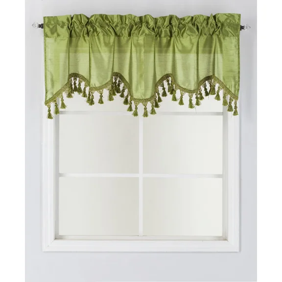 1-Piece Wave Valance with Bead-Trim Tassels, Semi-Sheer Light-Filtering, Rod Pocket, Tailored for Kitchen and Living Room Décor Lime Green Color, 52" Wide x 18" Length."