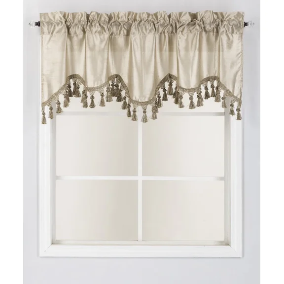 1-Piece Wave Valance with Bead-Trim Tassels, Semi-Sheer Light-Filtering, Rod Pocket, Tailored for Kitchen and Living Room Décor Sand Khaki Color, 52" Wide x 18" Length."