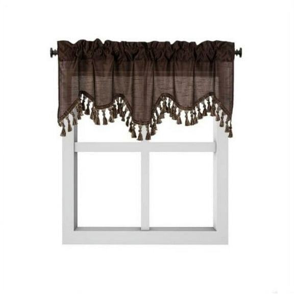 1-Piece Wave Valance with Bead-Trim Tassels, Semi-Sheer Light-Filtering, Rod Pocket, Tailored for Kitchen and Living Room Décor Brown Color, 52" Wide x 18" Length."