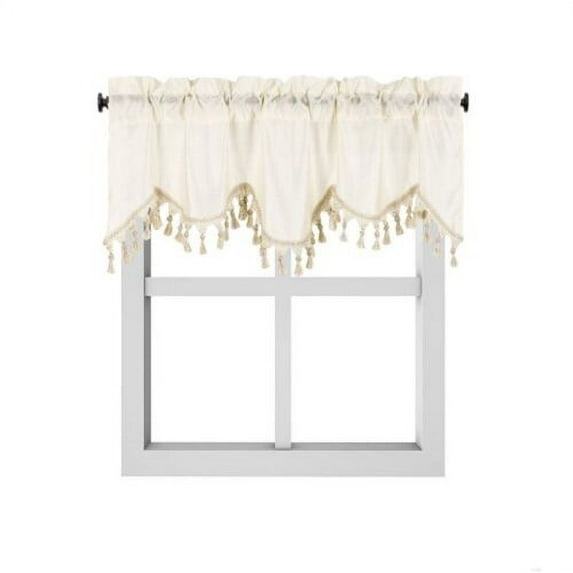 1-Piece Wave Valance with Bead-Trim Tassels, Semi-Sheer Light-Filtering, Rod Pocket, Tailored for Kitchen and Living Room Décor Ivory Color, 52" Wide x 18" Length."