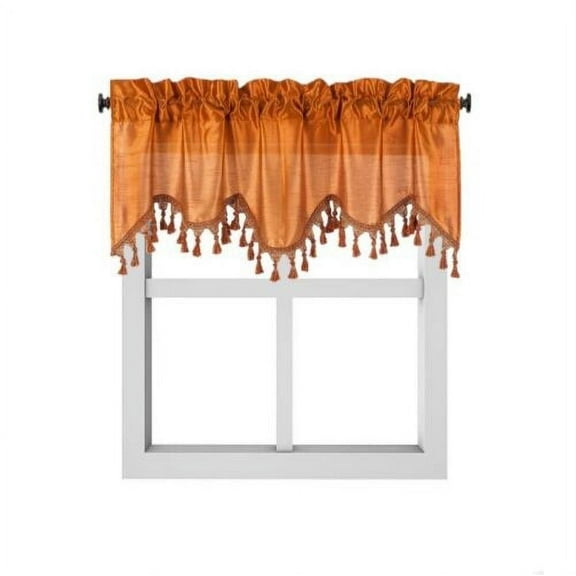 1-Piece Wave Valance with Bead-Trim Tassels, Semi-Sheer Light-Filtering, Rod Pocket, Tailored for Kitchen and Living Room Décor Orange Color, 52" Wide x 18" Length."