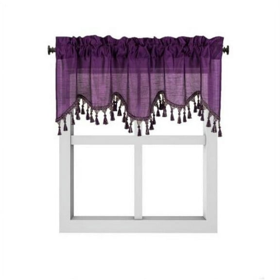 1-Piece Wave Valance with Bead-Trim Tassels, Semi-Sheer Light-Filtering, Rod Pocket, Tailored for Kitchen and Living Room Décor Purple Color, 52" Wide x 18" Length."