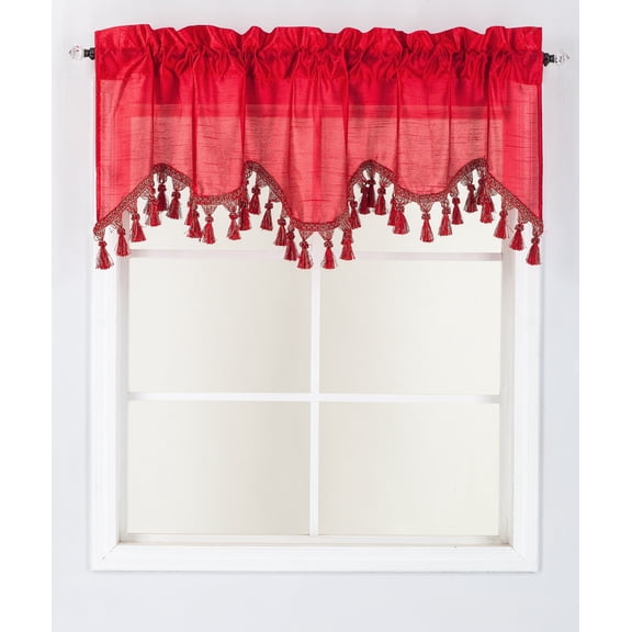1-Piece Wave Valance with Bead-Trim Tassels, Semi-Sheer Light-Filtering, Rod Pocket, Tailored for Kitchen and Living Room Décor Red Color, 52" Wide x 18" Length."
