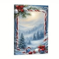 thumbnail image 1 of 1 Piece Winter Snow Forest Framed Canvas Wall Art - Modern Christmas Snow Scene Painting with Red and White Candy Cane Border, Gold Bow, and Pine Tree Branches - Indoor Holiday Decoration, 1 of 6