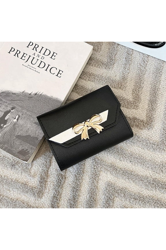 1 Piece Women Bowknot Card Holder Slim Minimalist Wallet with ID Window 115x85x20mm Black Fashion Purse for Daily Use Gift Idea for Women