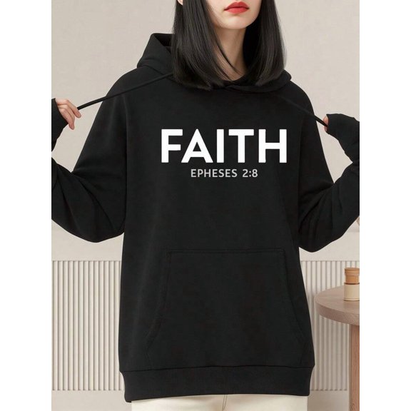 1 Piece Women's Faith Text Printed Hoodie, Casual Style, 100% Polyester Knitted Fabric, Soft & Comfortable, Long Sleeve Hooded Pullover, With Pocket, Machine Washable, Loose Fit, All Sizes Available,