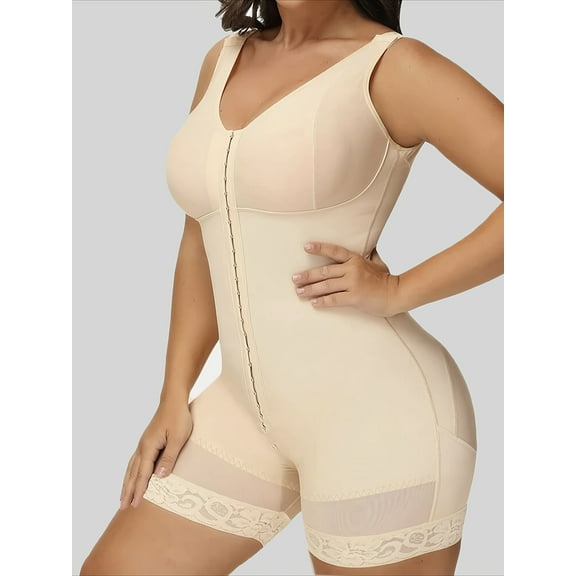 1 Piece Women's High Waist Slimming Bodysuit - Tummy Control Shapewear with Hip Lift, Lace Trim and Front Zipper, Medium Support Black Elegant Special Series, Body Shaper