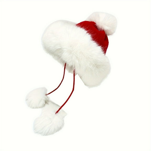 1 Piece Women's Stretch Winter Hat with Faux Fur Ball - Rich Red Elastic Knit Hat for Festivals and Outdoors, Soft and Warm Festival Accessory, Holiday Style Hat