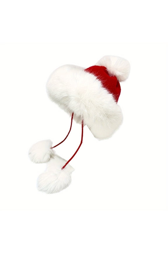1 Piece Women's Stretch Winter Hat with Faux Fur Ball - Rich Red Elastic Knit Hat for Festivals and Outdoors, Soft and Warm Festival Accessory, Holiday Style Hat