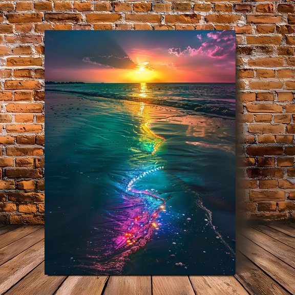 1 Piece Wooden Frame Canvas Wall Painting - Gorgeous Moonlight Ocean Reflection and Rainbow Colors, Modern Ocean Painting Suitable for Living Room, Bedroom, Office