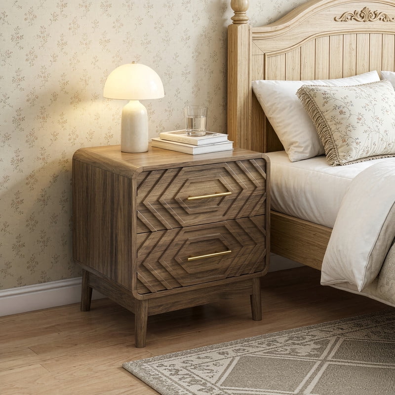 1-Piece Wooden Nightstand with 2 Drawers & 2 Handles, Bedside Storage Table Small Cabinet with 4 Legs