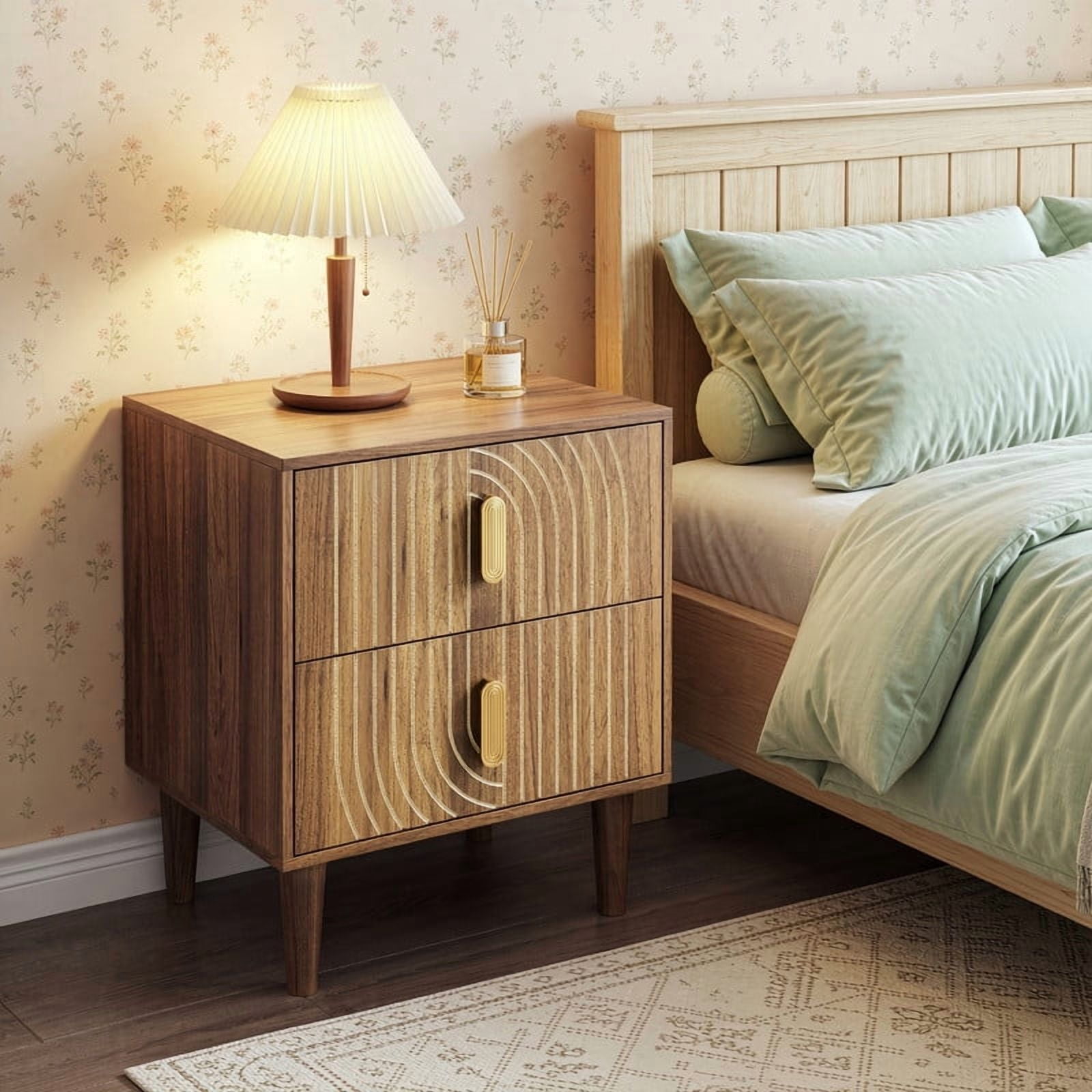 1-Piece Wooden Nightstand with 2 Drawers & 2 Handles, Bedside Storage Table Small Cabinet with 4 Legs