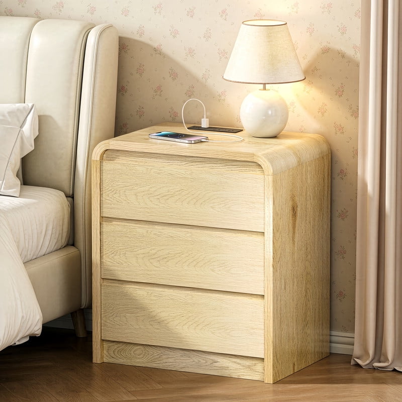 1-Piece Wooden Nightstand with Charging Station, Curved Edge Bedside Storage Table with 3 Handleless Drawers