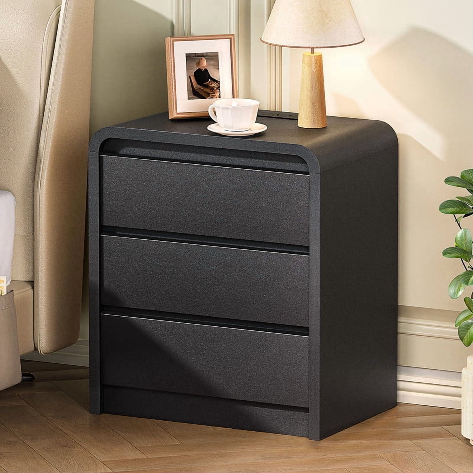 1-Piece Wooden Nightstand with Charging Station, Curved Edge Bedside Storage Table with 3 Handleless Drawers