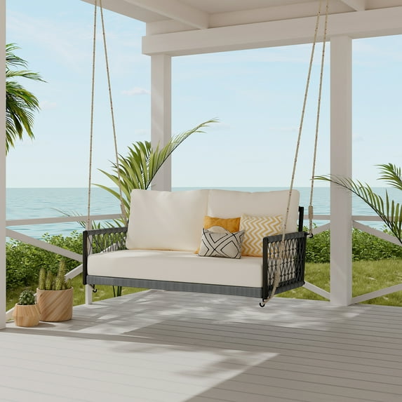 1-Piece Woven Rope Outdoor Swing Sofa, 2-Seats Patio Swing Sofa with Waterproof Fabric and UV-resistant material Cushions and Pillows for Outside Backyard, Garden, Balcony (Beige + Gray)