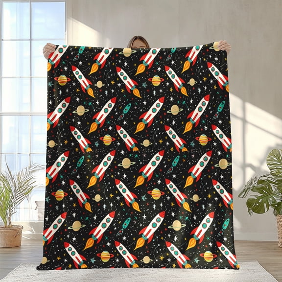 1 Piece of Gorgeous Style Polyester Knitted Quilted Blanket with Rocket and Satellite Patterns - Fantasy Theme