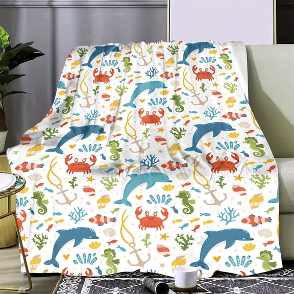 1 Piece of Vibrant Marine Life Flannel Blanket - Comfortable, Soft, Warm, with Dolphin, Crab, and Marine Plant Patterns for All Seasons