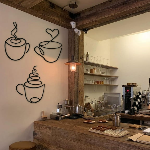 1 Pieces Coffee Cup Metal Wall Art Wire Coffee Bar Hanging Decor Cafe Themed Vintage Rustic Metal Sign for Kitchen Restaurant Shop Home Office Accessories