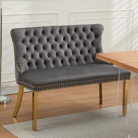 1 Pieces Dining Bench with Tufted Wingback Gold Stainless Steel Legs Padded Seat, Upholstered Kitchen Stool for Dinner Room, Living Room