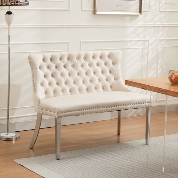 1 Pieces Dining Bench with Tufted Wingback Silver Stainless Steel Legs Padded Seat, Upholstered Kitchen Stool for Dinner Room, Living Room