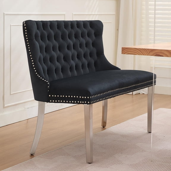 1 Pieces Dining Bench with Tufted Wingback Silver Stainless Steel Legs Padded Seat, Upholstered Kitchen Stool for Dinner Room, Living Room
