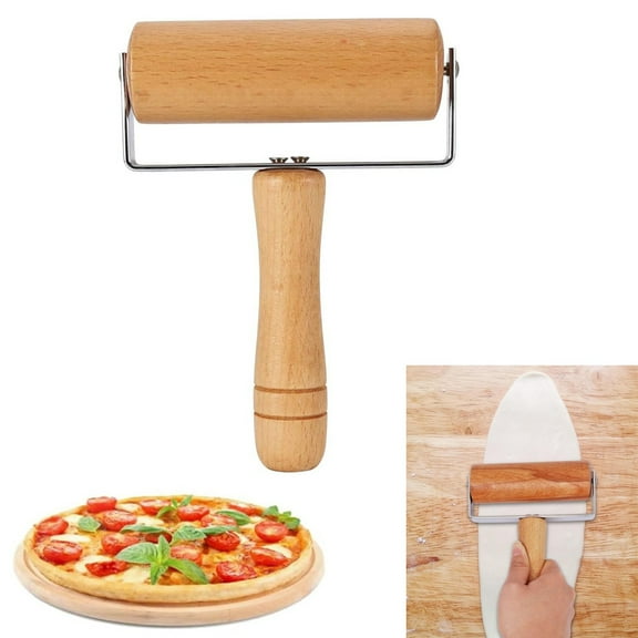 1 Pieces Pizza Cutter Wooden Rolling Pin, GIXUSIL Dough Roller Multifunction, Hand Dough Roller for Pastry, Fondant, Cookie Dough, Chapati, Pasta, Bakery, Pizza Kitchen Tool