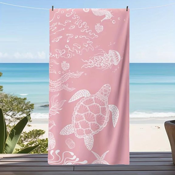 1 Pink Cartoon Turtle and Jellyfish Pattern Beach Towel - Polyester Fabric, Rectangular Design, Summer Travel, Turtle Decoration