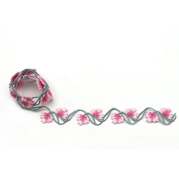 1" Pink/Light Gray Iron on Embroidered Trim