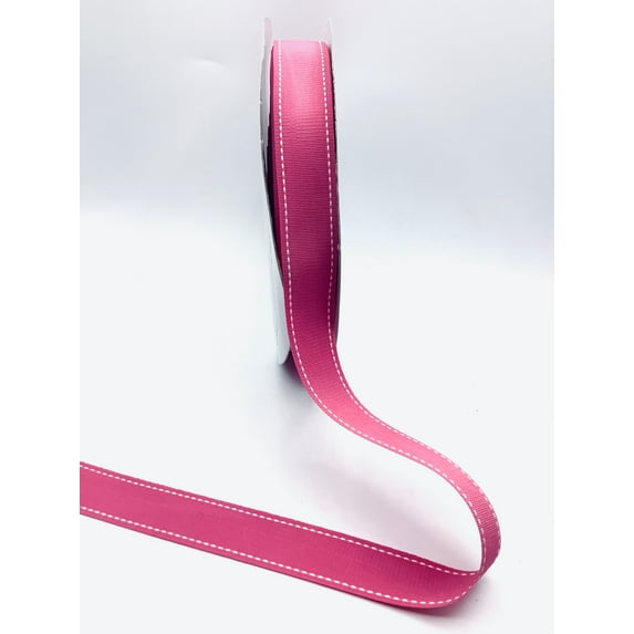 1" Pink with White Stitching Grosgrain Ribbon