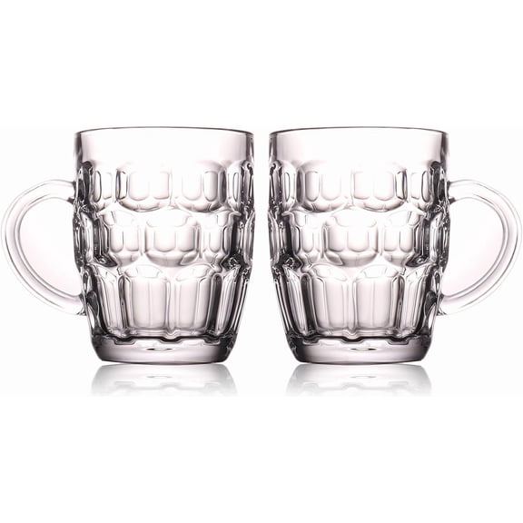 1 Pint Dimpled Beer Mug Set of 2 - Heavy British Pub Thick Glass with Handle - Stein Cup for Beer Lover in Home Party BBQ
