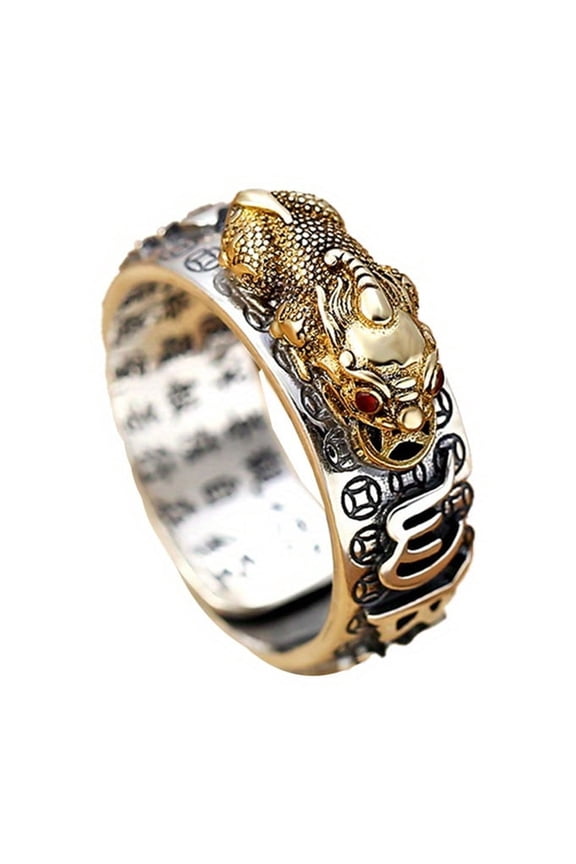 1 Pixiu Chinese Feng Shui Ring Silver-plated Copper Coin Adjustable Magnetic Amulet Wealth Lucky Jewelry Birthday Gift,Gold