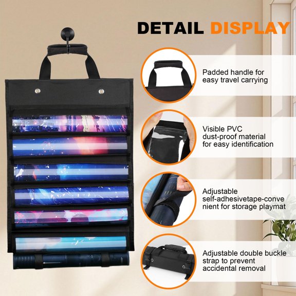 1 Playmat Storage Bag, Holds 6 TCG Mats and 1 Tube, Portable Organizer with Clear Slots and Drawstring Closure