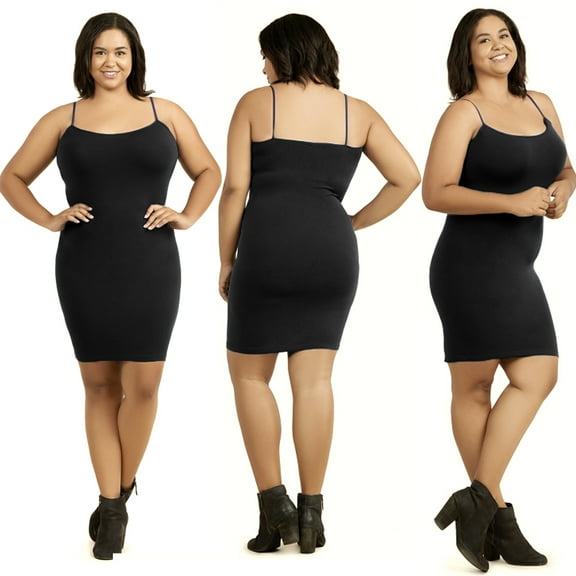 1 Plus Ladies Long Poly Slip Dress Camisole Seamless Top Stretch One Size Black
