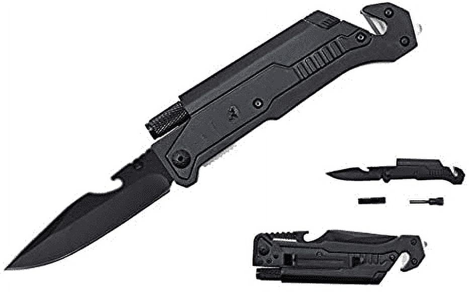 1 Pocket Rescue Hunting Knife, Led Flashlight, Bottle Opener, Fire Starter, Holidays Birthday Groomsmen Gifts-LED (Black w/ Pouch)