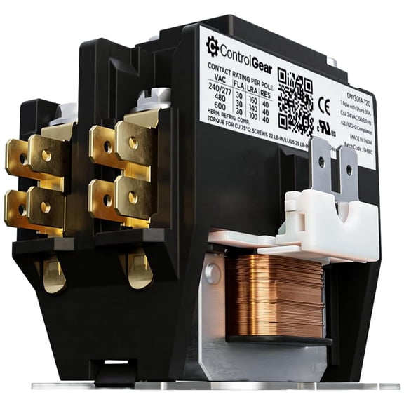 1 Pole Definite Purpose Contactor 24V Coil, 30 Amp Definite Purpose, UL Recognized and Approved for use with A2L Refrigerants, Line Lugs, Load Screws, ControlGear DW301A-12 (1P 30A 24V Coil)